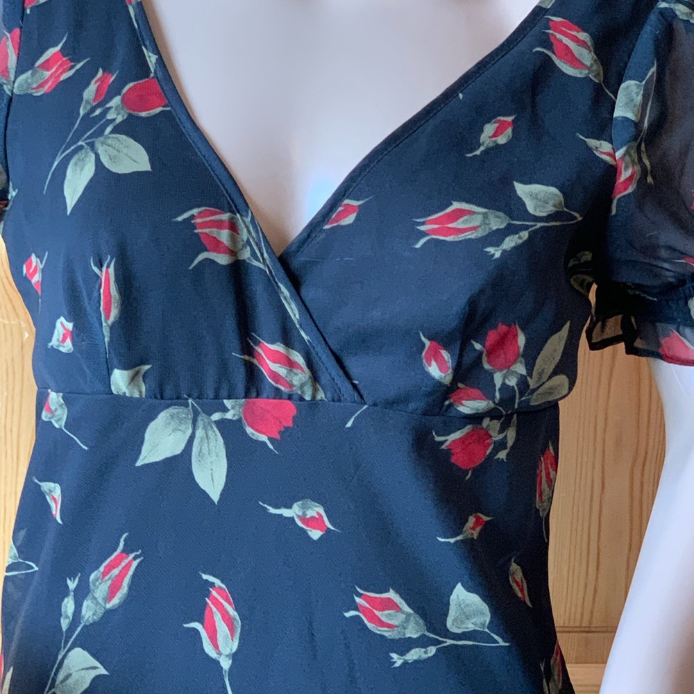 Vintage 90s Y2k Fredericks of Hollywood Black Red Midi Dress Roses Size 6 Floral - Picture 5 of 16
